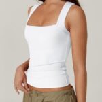 QINSEN Womens Tank Top Sleeveless Square Neck Casual Basic Fitted T- Shirts White S
