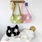 KAMEILONG Star Crossbody Bag Women Corduroy Tote Aesthetic Messenger Shoulder Y2K Hobo Bag (White)