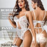 Avidlove Sexy Lingerie Women Teddy Lace Bodysuit Garter Set with Panty Wedding Lingerie for Bridal White M