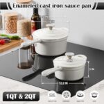E-far Sauce Pan Set with Lid, 1Qt & 2Qt Enameled Cast Iron Pot Sets for Kitchen Cooking, Small Heavy Duty Dutch Oven Saucepans & Self-basting Lids, Induction-Ready & Easy Clean, White