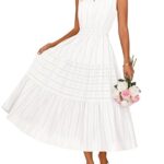 MEROKEETY Spring Summer Midi Dresses for Women 2026 Casual Beach Vacation Sleeveless Boho V Neck Cotton Maxi Dress Pockets, White, Large