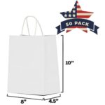 Qutuus 50 pcs White Paper Gift Bags with Handles 8×4.5×10 White Paper Bags for Party Favor, Shopping, Wedding, Retail, Recyclable Medium Gift Bags Bulk