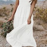 MEROKEETY Women’s 2025 Summer Smocked V Neck Tiered Swing Long Midi Dress with Pockets, White, M