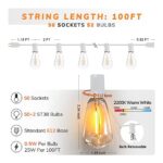 Achin Outdoor String Lights White 100Ft LED Patio Lights Outdoor Waterproof with 50+2 Shatterproof ST38 Bulbs 2200K Dimmable String Lights for Outside Backyard Party Wedding, White Cord