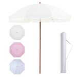 Aoxun 7ft Patio Umbrella with Fringe,Outdoor Beach Umbrella with Aluminum Pole, Ribs Push Button Tilt and Carry Bag, UV 50+ Picnic Tassel Umbrella (White)