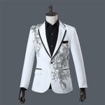 Mens 2 Pieces Luxury Embroidered Suits 1 Button Print Dinner Tuxedo Jacket Pants Prom Wedding Elegant Blazer Dress Suit (White,Medium)