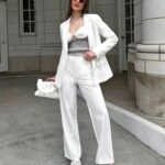luvamia 2 Piece Outfits for Women Dressy Long Blazer Jackets High Waisted Wide Leg Pants Suits Set Business Casual Office Bright White Pants Suit for Women Size 16-18