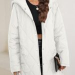 EVALESS Puffer Jacket for Women Lightweight Diamond Quilted Jackets Long Winter Coats Womens Fashion 2025 Hooded Long Sleeve Button Down Clothes White Jacket for Work with Pockets, Large