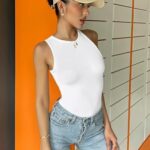Niipty Women’s Tummy Control Shapewear Bodysuit High Neck Seamless Body Shaper Sleeveless Racerback Thong Body Suit Tank – White M/L