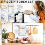 Leinuosen White and Gold Marble 8 Pcs Kitchen Towels and Dishcloths Sets Oven Mitts and Pot Holders Absorbent Kitchen Gloves Potholders Heat Resistant for Chef Baking Cooking